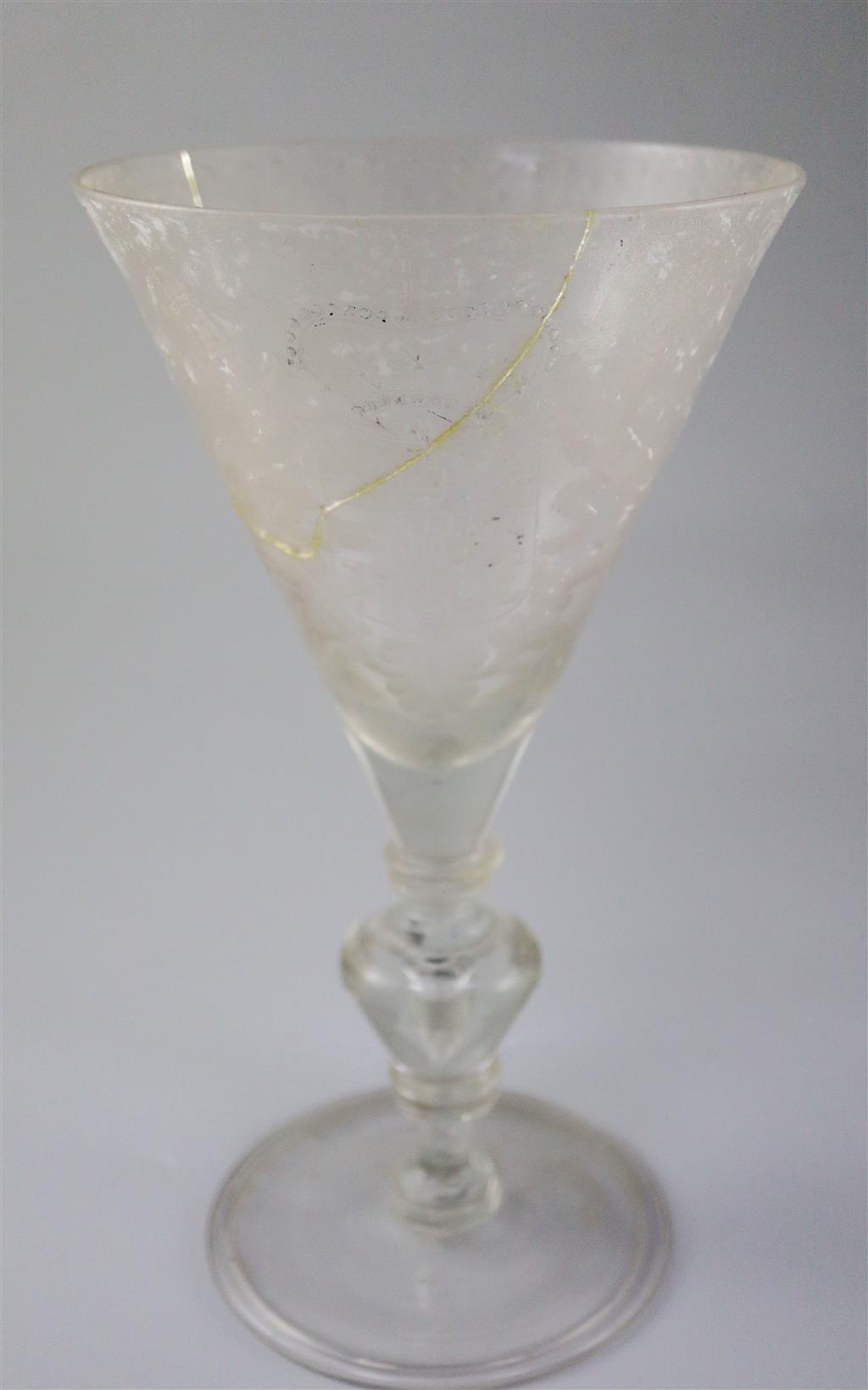 A large Dutch Stadthouder commemorative crizzled glass goblet c.1674, 25.5cm